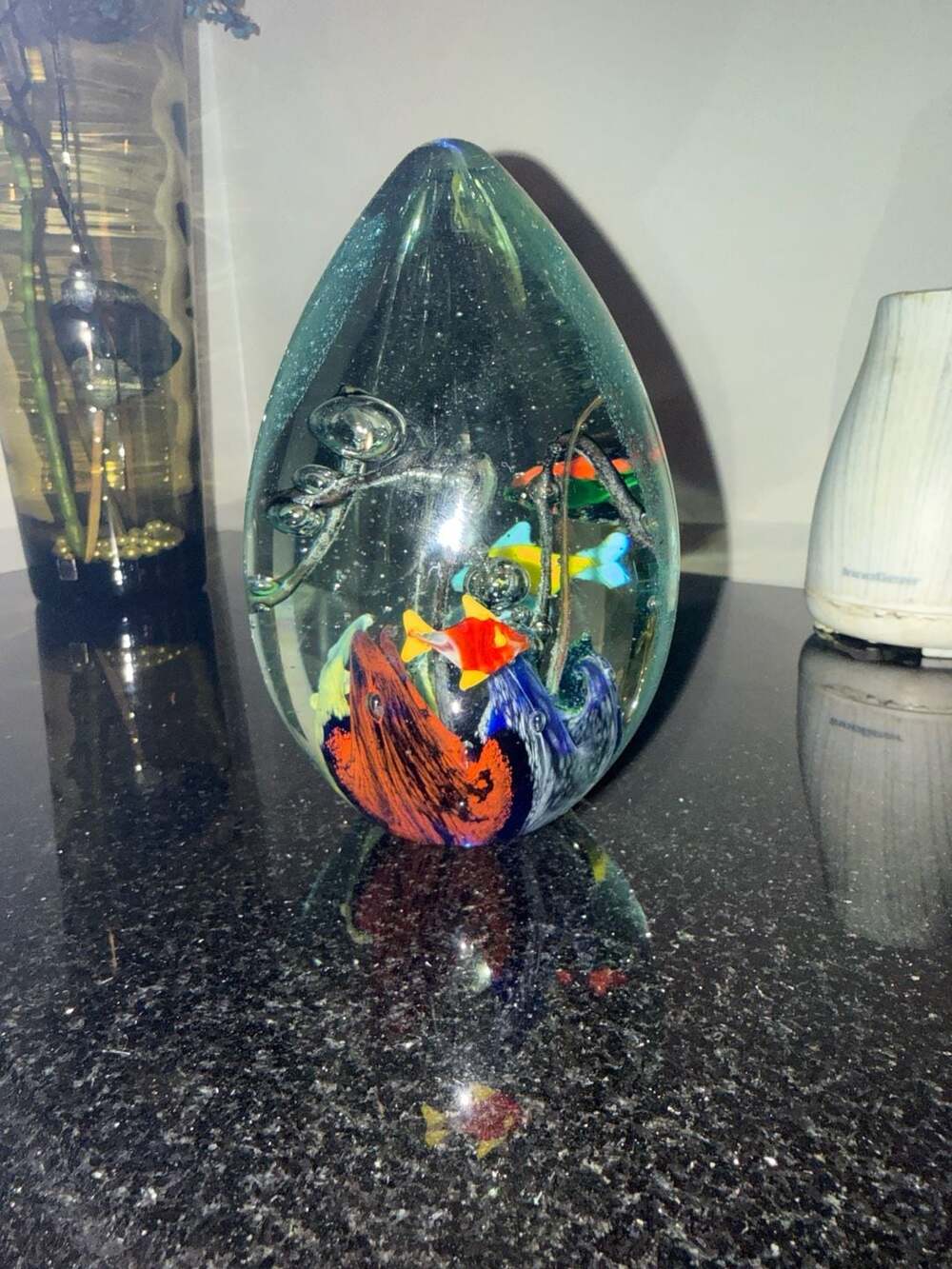 Vintage Murano Art Glass Aquarium Egg Paperweight with Tropical Fish and Control